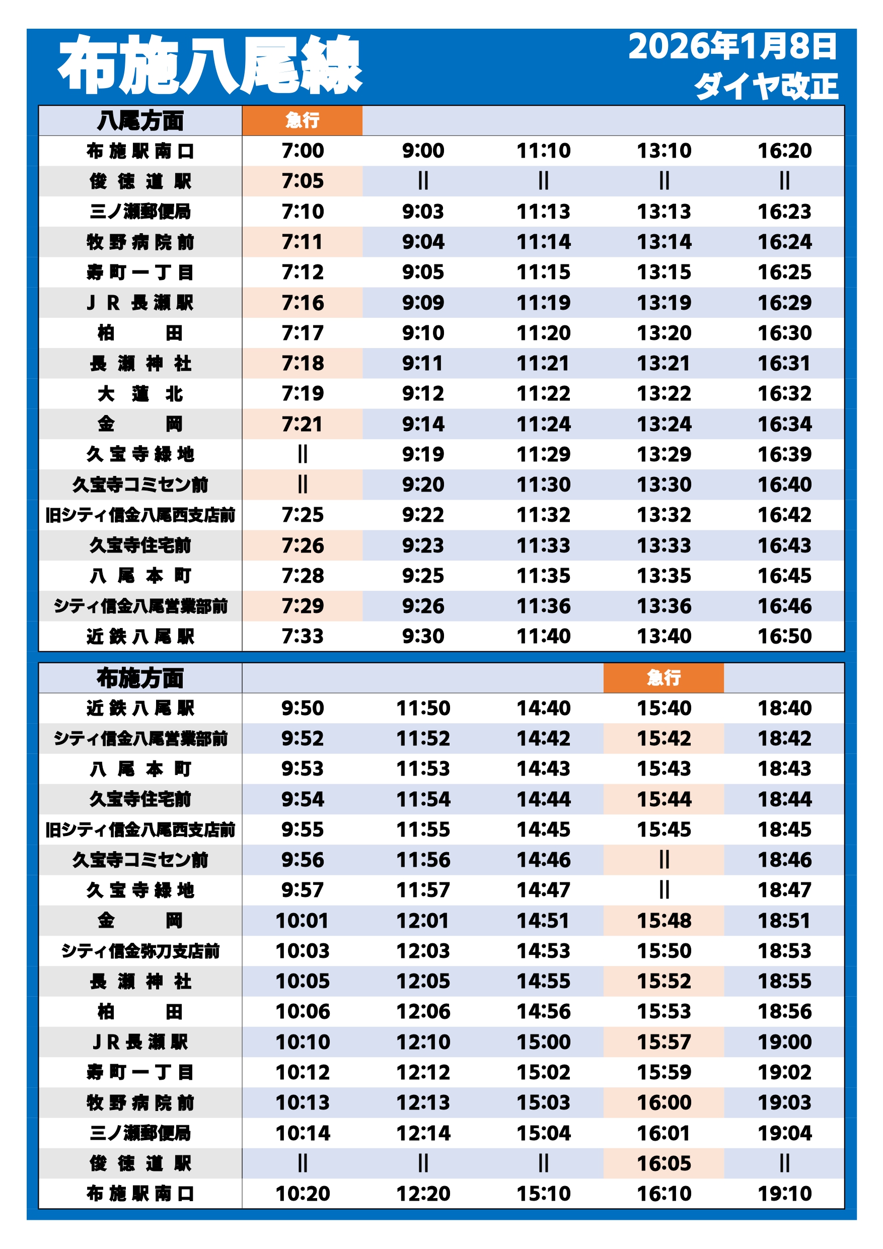 布施八尾線時刻表